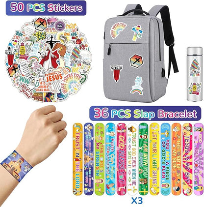 86PCS Religious Slap Bracelets with 50PCS Jesus Christian Stickers Jesus Love You Snap Bracelets Wristbands Bible Verse Faith Stickers Sunday School Supplies Christian Gifts