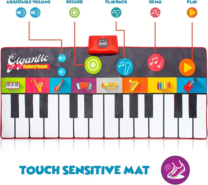 Abcotech Kids Floor Piano Mat | Giant Dance Floor Keyboard Sensory Toys | Play, Record, Playback and Demo Modes - 8 Musical Instruments and Sounds for Kids Music - 70" Toddler Piano Play Mat 24 Keys