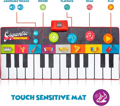 Abcotech Kids Floor Piano Mat | Giant Dance Floor Keyboard Sensory Toys | Play, Record, Playback and Demo Modes - 8 Musical Instruments and Sounds for Kids Music - 70" Toddler Piano Play Mat 24 Keys