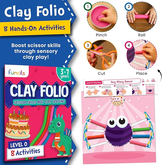 Funcils Toddler Scissors Skills for Kids with Air Clay - 2 Preschool Safety Scissors, Fine Motor Toys for Kids, Cutting & Learning Crafts Activities, Art Supplies Gifts for Boys & Girls Ages 3 4 5 6 7