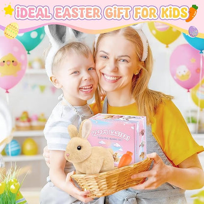 Realistic Bunny for Kids - Interactive Hopping Bunny Toy Set with Headband, Electric Lifelike Robot Rabbit that Move, Walking Barking and Wagging Tail Bunby Stuffed Animal with Sounds,Brown