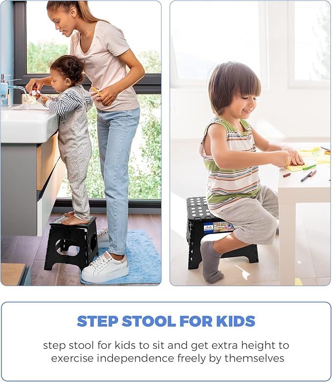 ACKO Folding Step Stool Foldable Step Stools for Kids and Adults 11 Inch Foot Stool Black Plastic Step Stool with Portable Handle Small Stool Hold up to 300lbs for Bathroom,Bedroom, Kitchen 1PC