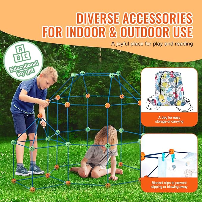 VEVOR Fort Building Kit for Kids, 180PCS STEM Building Toys, Educational Gift for 4 5 6 7 8+ Year Old Boys & Girls, Indoor Outdoor Play Tent Builder Set Construction Toys with 120 Rods and 60 Balls