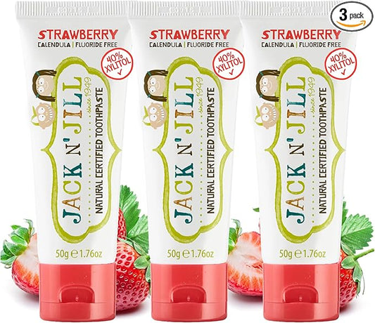 Jack N' Jill Natural Toddler Toothpaste for Baby, Kids and Infants 6 Months & Up, Fluoride Free Training Toothpaste for Toddlers 1-3 (1.76 Fl Oz (Pack of 3), Strawberry)