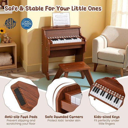 HONEY JOY Wooden Kids Piano, 25 Lighted Keys Kids Keyboard Piano w/Music Stand, Bench, Early Learning Educational Musical Instrument, Baby Music Toy for 3+ Years Old Toddlers Boys Girls (Brown)