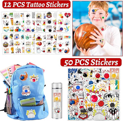 110 Pcs Bowling Party Favors, Bowling Party Favors Bags Temporary Tattoos Slap Bracelets Keychains Stickers Ballpoint Pen for Bowling Birthday Party Decorations Gifts for Kids Classroom Rewards