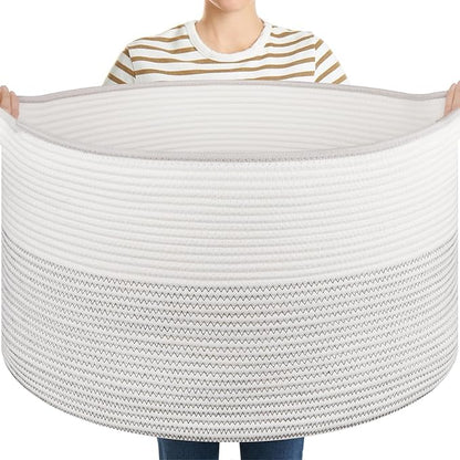 OIASKET Large Blanket Basket with Handles, 22.8" x 22.8" x 13" Woven Storage Basket for Living Room, Cotton Rope Baby Toy Storage for Clothes, Pillows, Towels-Black and White