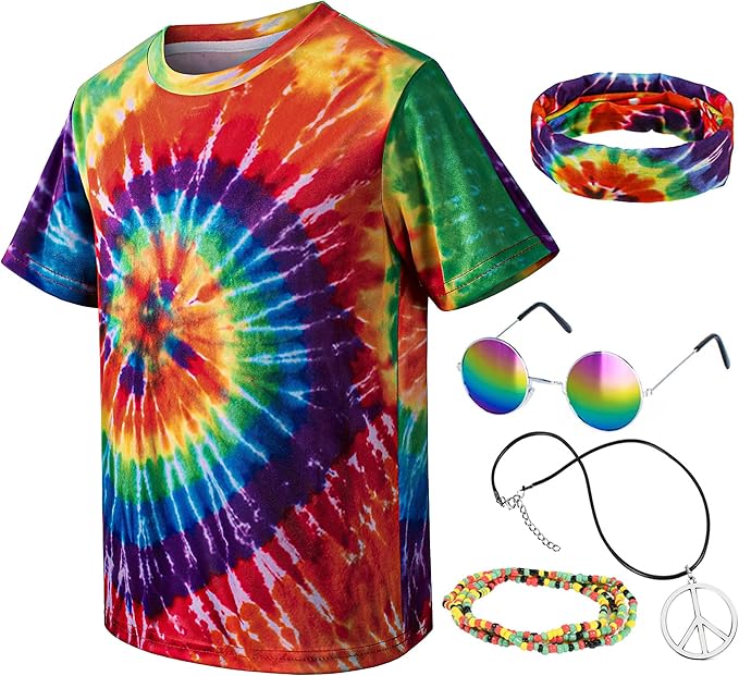 Kids Hippie Costume for Boys Girls 60s 70s T-Shirt 5Pcs Set for Halloween Party 3-12 Years
