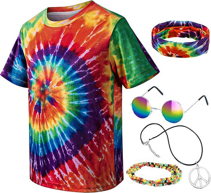 Kids Hippie Costume for Boys Girls 60s 70s T-Shirt 5Pcs Set for Halloween Party 3-12 Years
