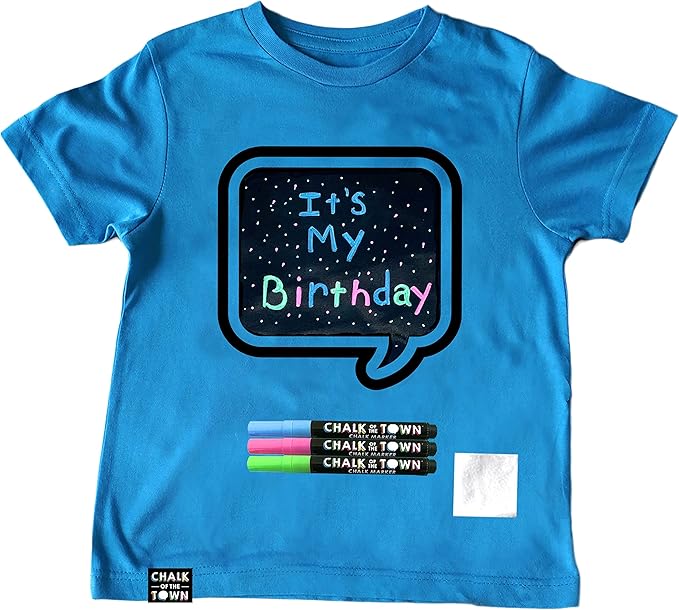 Blue Speech Bubble Chalkboard Short Sleeve T-Shirt Kit for Kids with 3 Markers and 1 Stencil (Youth X-Small)