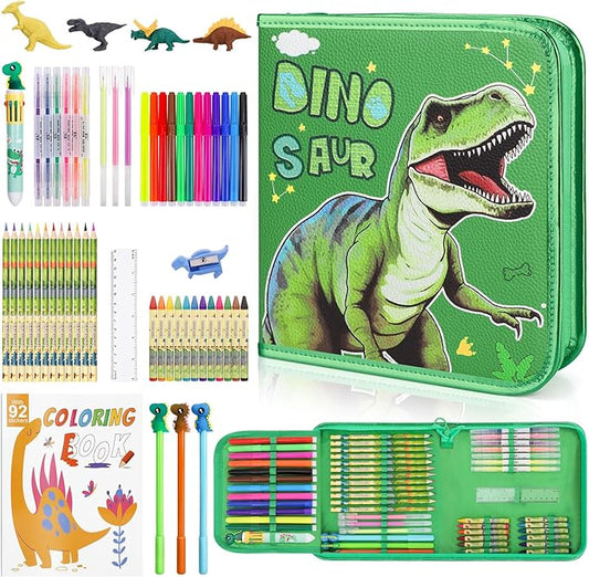 Fruit Scented Markers Set 57Pcs with Glitter Dinosaur Pencil Case & Stationery, Art Supplies for Kids Ages 4-6-8, Art Coloring Kits Box,Gifts Toy for Boys Age 5,7,Gel Pen,Pencil&Crayon Drawing Stuff