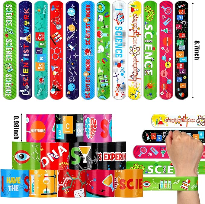 Marsui 48 Pcs Science Slap Bracelets Bulk Snap Bracelets for Science Party Favors Prizes Gifts Decorations Scientist Birthday Party Supplies, 24 Designs