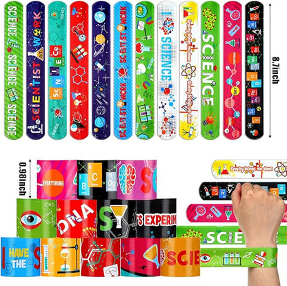 Marsui 48 Pcs Science Slap Bracelets Bulk Snap Bracelets for Science Party Favors Prizes Gifts Decorations Scientist Birthday Party Supplies, 24 Designs