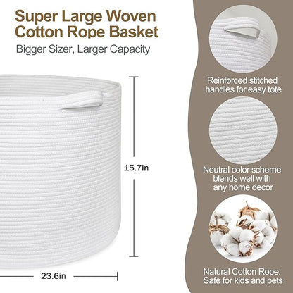 MEGASKET 115L White Cotton Rope Storage Basket, 23.6"x15.7" Extra Large Blanket Storage Living Room, XXXL Soft Toy Bin for Organizing, Woven Baby Laundry Basket with Handle, Wicker Hamper Nursery
