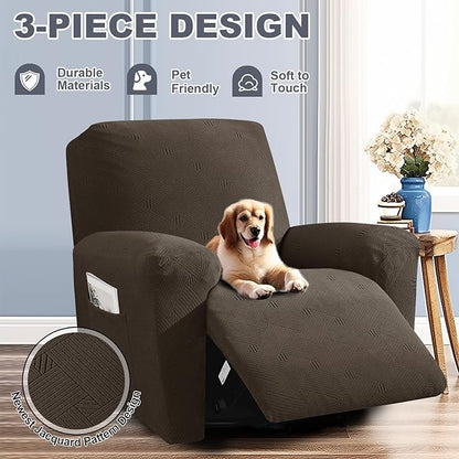 JIVINER Recliner Chair Covers, Jacquard 3 Piece Slipcovers for Recliner Chair Soft Stretch Lazy Boy 1 Seater Reclining Protector with Pockets (Recliner, Coffee)