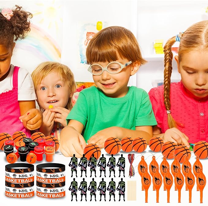 Basketball Party Favors Birthday Supplies 60pcs Buck Silicone Bracelets Punch Balloons Basketball Stress Ball Stamp Scratch Art Set For Kids Pinata Stuffer Boys Girls