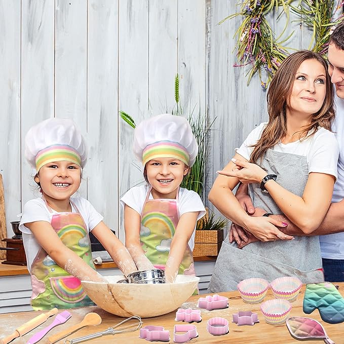 Real Kids Cooking and Baking Set - 26 Pcs Kids Chef Role Play Costume Set Includes Rainbow Apron, Chef Hat, Cooking Mitt, Utensils, Cupcake Molds for Toddler Boys and Girls Ages 3+