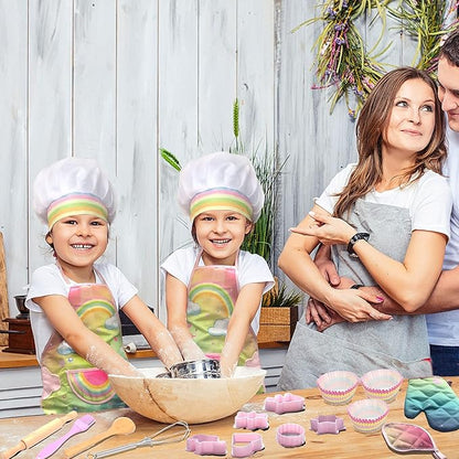 Real Kids Cooking and Baking Set - 26 Pcs Kids Chef Role Play Costume Set Includes Rainbow Apron, Chef Hat, Cooking Mitt, Utensils, Cupcake Molds for Toddler Boys and Girls Ages 3+