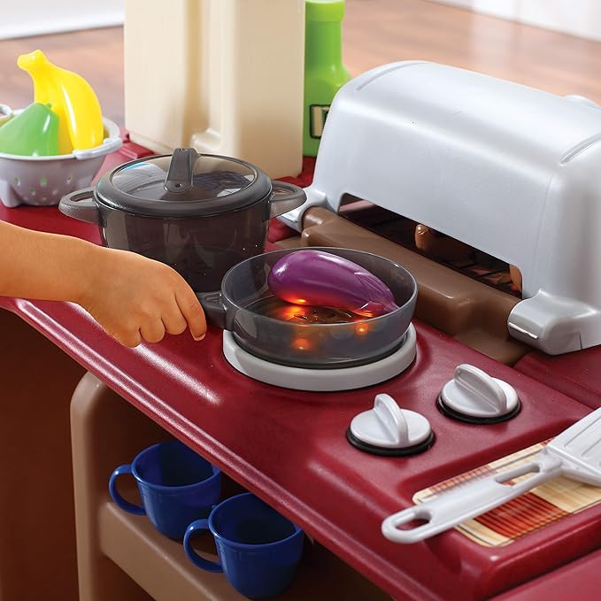 Step2 Grand Walk-In Kitchen & Grill Kids Playset, Indoor/Outdoor Kitchenette, Interactive Play with Lights and Sounds, Durable Plastic, 103 Piece Toy Accessories, Toddlers 2+ Years Old, Brown/Tan