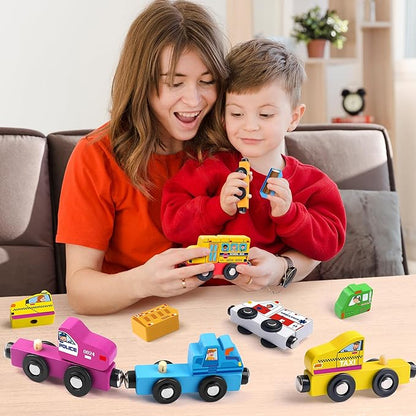 Helsort Wooden Magnetic Trains Cars - 8 Piece Educational and Skill-Building Wooden Toy for Boys and Girls Toys Train, Montessori Fine Motor Skills for Toddlers and Kids Ages 3+