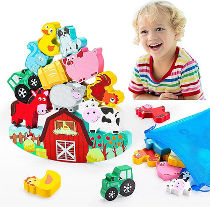 Montessori Toys for Kids 3-7 Wooden Farm Animal Blocks Stacking Games Toy for 3 4 5 6 Year Old Girls Boys Birthday Gifts Toddler Educational Toys Balance Game for Boy Girl Age 2-4