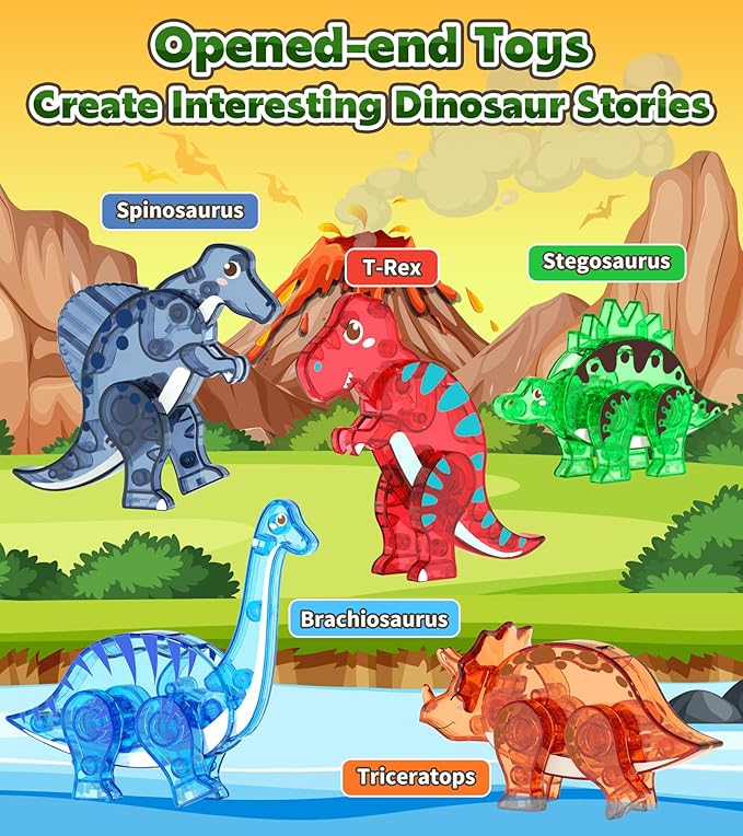 Magnetic Tiles Dinosaurs Magnet Building Blocks Toys for Kids Ages 3-5 4-8 8-12 Creative Animals Educational Stack Tile Construction for Boys Girls Toddlers 5-7 Year Old to STEM Learning