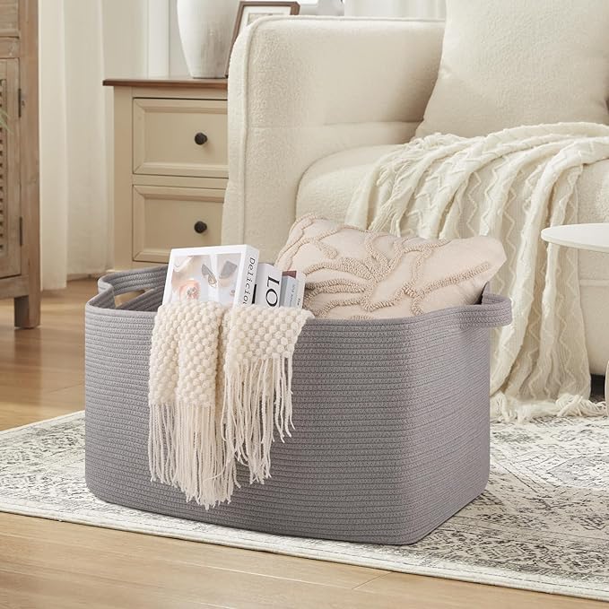 OIASKET Extra Large Blanket Basket, 24" x 16.9" x 14.2" Woven Storage Basket for Living Room, Rectangle Nursery Blanket Storage for Toys, Towels, Dirty Clothes (Light Grey)