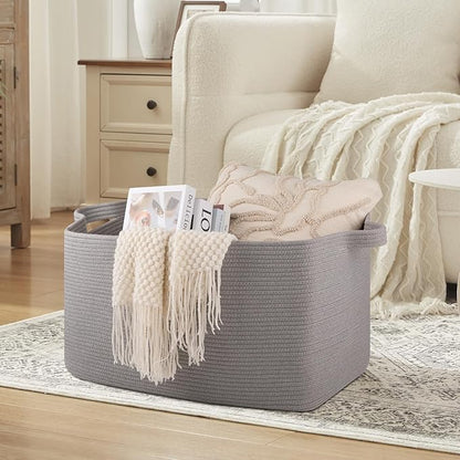 OIASKET Extra Large Blanket Basket, 24" x 16.9" x 14.2" Woven Storage Basket for Living Room, Rectangle Nursery Blanket Storage for Toys, Towels, Dirty Clothes (Light Grey)