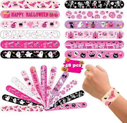 48 PCS Pink Halloween Slap Bracelets Party Favors, Bulk Snap Bracelet Party Favors Supplies for kids&teens Gifts Teacher Classroom School Prizes