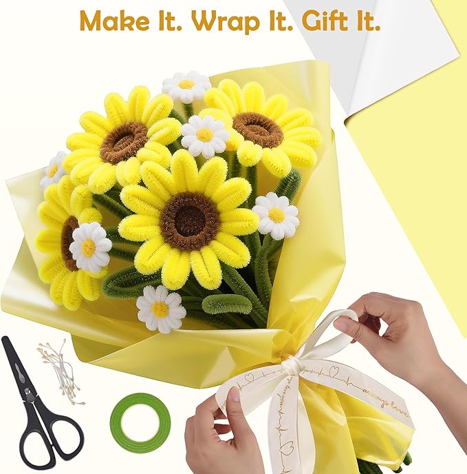 500 Pcs Pipe Cleaners Craft Kit for Flower Making, Complete DIY Bouquet Set with Chenille Stems, Craft Wire, Stamen, Tape, Ribbon & More, Perfect for Arts, Handmade Gifts & Decorations