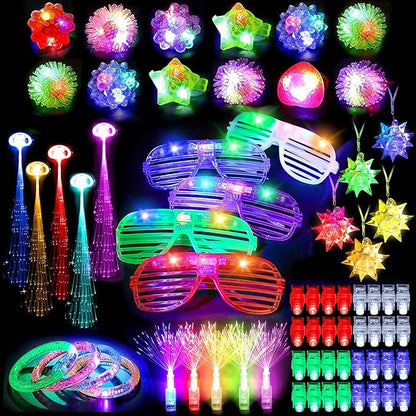 MIBOTE 83Pcs Led Light Up Toys Party Favors Glow in the Dark Party Supplies for Kid/Adults Halloween with 50 Finger Lights, 8 Jelly Rings,Flashing Glasses,Bracelets, Fiber Optic Hair Lights