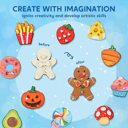 JOYIN 12 pcs Wooden Magnets, Painting Craft for Boys and Girls, Spring and Rainy Day Activities Kit, Craft Toys Gifts for Kids Birthday Easter