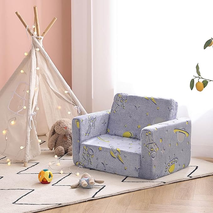 Tiita Kids Sofa, 2-in-1 Kids Sofa Chair, Convertible Children Couch to Lounger, Flip Out Kids Sofa Chair, Toddler Armrest Chair Bed, Folding Kids Play Sofa for Girl or Boy(Blue Astronauts)