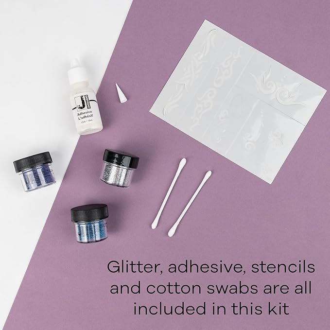 Jacquard Glitter Body Art Kit - Complete Glitter Tattoo Kit for Kids and Adults - Temporary Glitter Tattoos for Parties or Events - Glitter Tattoo Stencils 3 Jars of Glitter, Adhesive, & Instructions