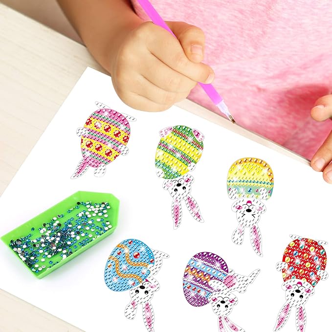 Gem Diamond Art Painting Stickers Kit for Kids,5D Diamond Mosaic Stickers by Numbers Kits Crafts Set for Children, Boys and Girls,Creative Handmade Art Craft Decorations Gift (Bunny with Egg)