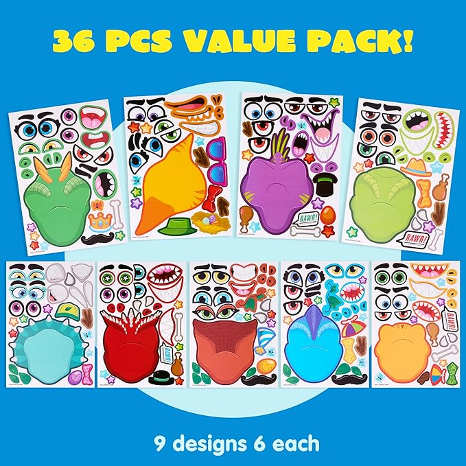 JOYIN 36PCS 9.8"x6.7" Make a face Stickers for Kids, Make Your Own Dinosaur Stickers, Animal Party Favors Kids Crafts, Goodie Bags Stuffers, Classroom Rewards
