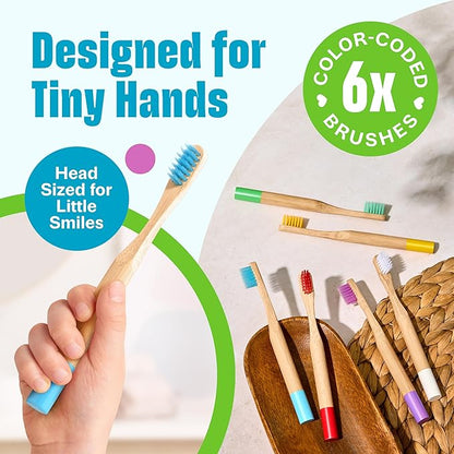 Kids Bamboo Toothbrushes Soft Bristles 6 Pack - Biodegradable Wooden Children Toothbrush Set - Eco-Friendly Natural Kids Toothbrush