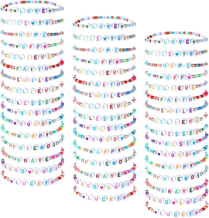 48 Pcs Valentine's Day Kids Friendship Bracelet Set Adjustable Beads Bracelets Cute Friendship Princess Pretend Play Bracelet Stretch Bracelet Preppy Bracelets Set for Girls Women(Exquisite)