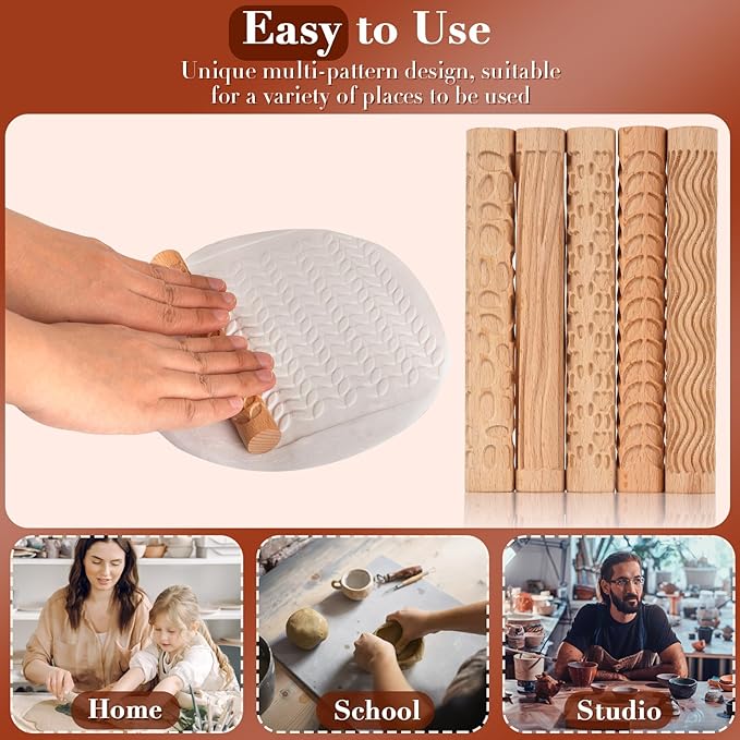 Set of 5 Wooden Handle Pottery Tools Clay Modeling Pattern Rollers Kit Brown (Set of 5)