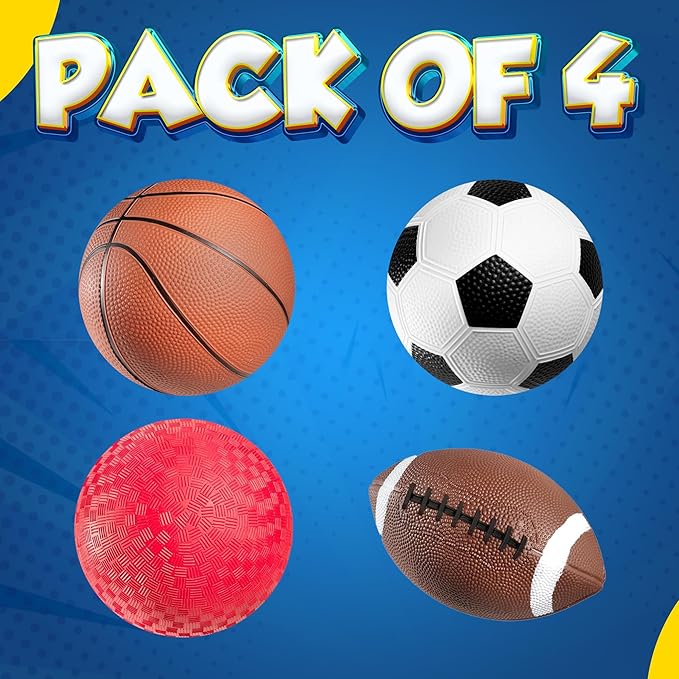 8.5” Sports Balls for Kids & Toddlers - (Pack of 4) Rubber Inflatable Multi-Sport Ball Set - Football, Soccer Ball, Basketball, Playground Ball & Pump - Birthday Gift Toys for Boys & Girls