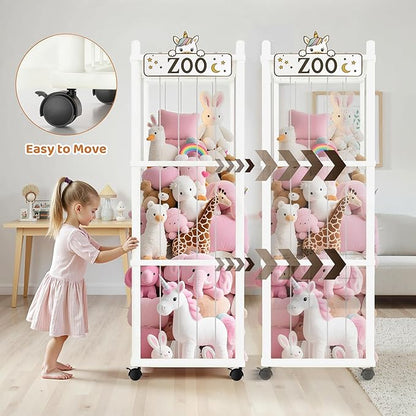 Stuffed Animal Storage Zoo Tower,56In Wooden Large Stuffed Animal Holder Organizer with Wheels,Stuffy Plushies Storage with Elastic Band&Mesh Bottom,Toy Storage Organizers for Playroom Nursery（White）