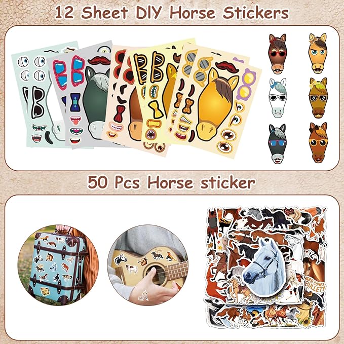 110-Piece Horse-Themed Party Favor Set - Includes 12 Horse Figurines, 12 Horse Toy Stickers, 12 Cowboy Slap Bracelets, 50 Horse Stickers, 12 Horse Keychains, and 12 Kraft Paper Bags