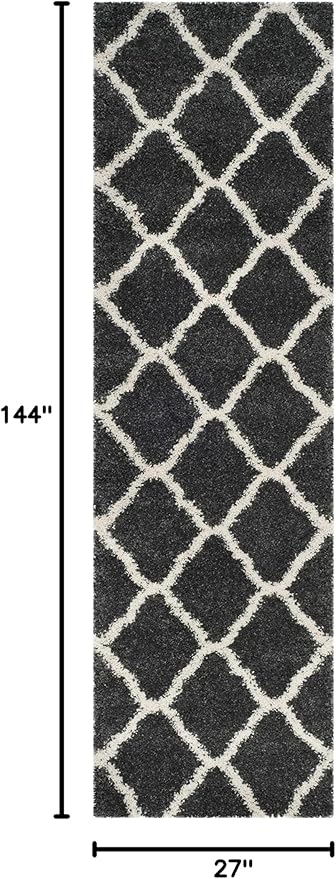 SAFAVIEH Hudson Shag Collection Runner Rug - 2'3" x 12', Dark Grey & Ivory, Moroccan Trellis, Non-Shedding & Easy Care, 2-inch Thick Ideal for High Traffic Areas in Living Room, Bedroom (SGH283G)