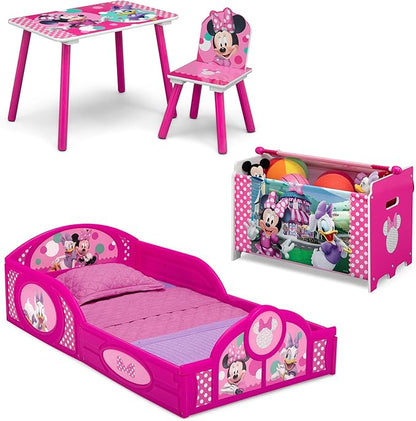 Delta Children Disney Minnie Mouse 4-Piece Toddler Room-in-a-Box Set – Includes Sleep and Play Toddler Bed, Table, 1 Chair and Toy Box, Pink
