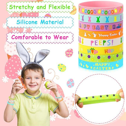 JUNEBRUSHS 24Pcs Easter Party Favors Silicone Bracelets Egg Bunny Rubber Wristbands for Kids Teens Easter Basket Fillers Gift Party Decorations (8 Designs)