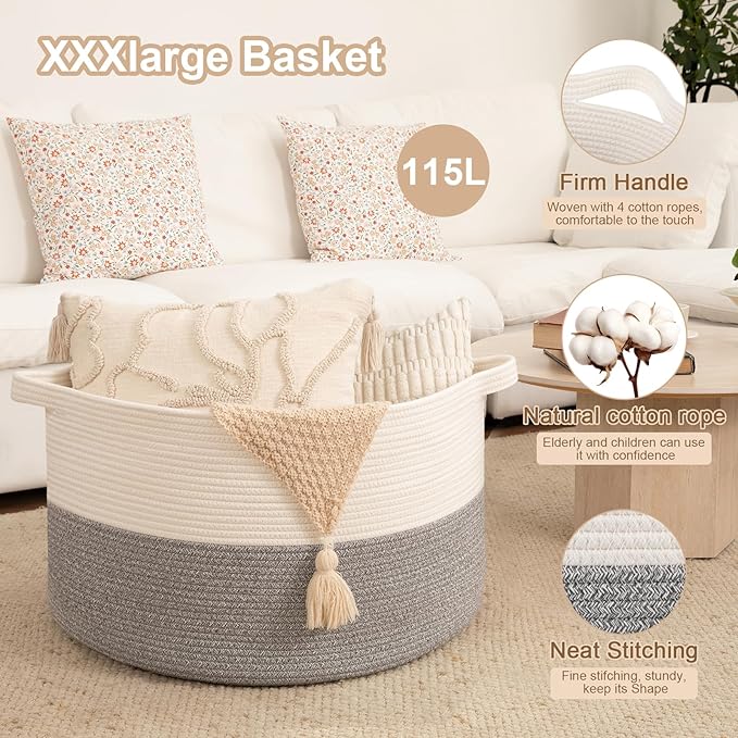 OIAHOMY 115L Extra Large Blanket Basket, 23.6" x 15.4" Woven Cotton Rope Laundry Basket for Organizing Pillows, Decorative Stuffed Animal Toy Storage Bin for Nursery, White and Light Grey
