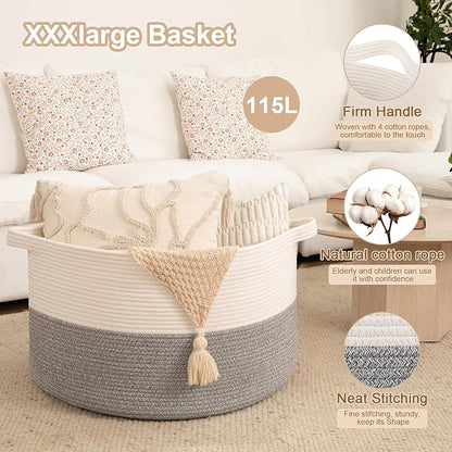OIAHOMY 115L Extra Large Blanket Basket, 23.6" x 15.4" Woven Cotton Rope Laundry Basket for Organizing Pillows, Decorative Stuffed Animal Toy Storage Bin for Nursery, White and Light Grey
