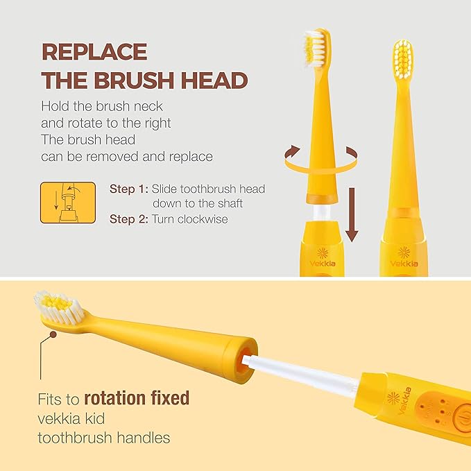 Vekkia Bear Kids Electric Toothbrush Replacement Heads - 7X More Plaque Removal, End-Rounded 3D Curved Soft Bristles, Comfortable & Efficient Clean Teeth, Perfect for Kid Small Mouth, Yelow (4 Pack)