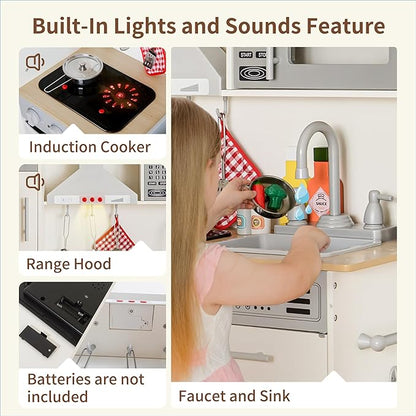 Play Kitchen Pretend Wooden Kids Kitchen Playset Toy Kitchen with Real Sound & Light and Toy Storage System and 12 Pcs Toddler Kitchen Accessories, for Boys and Girls Ages 3+,White Grey