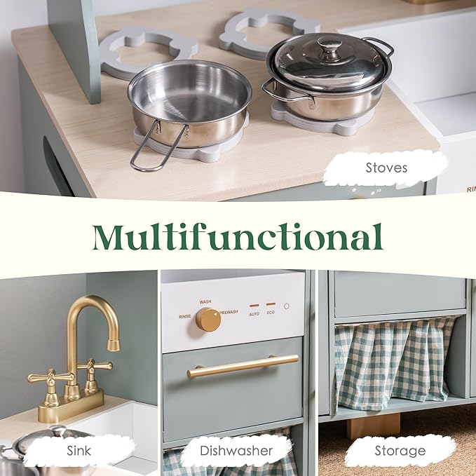 ROBUD Wooden Play Kitchen for Kids Toddlers, Corner Wooden Play Kitchen with Fridge, Ice Maker, Coffee Maker, Juicer, Oven, Dishwasher, Microwave, Utensils, Gift for Ages 3+